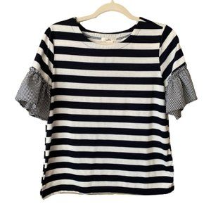 Women's Isela Navy and White Striped Gingham Nautical Ruffled Sleeves Blouse EUC